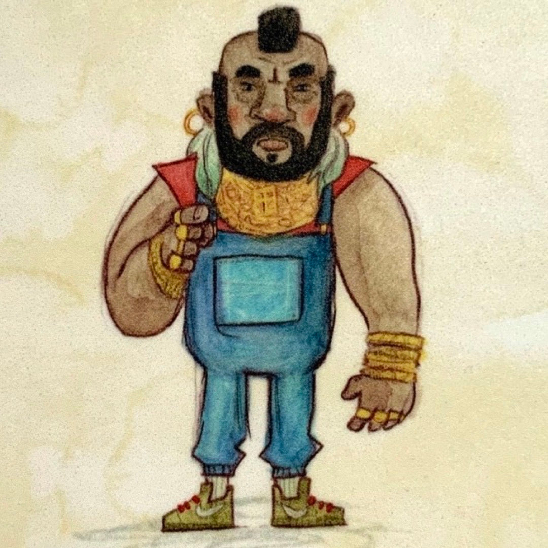 Cartoon character in overalls holding a tea bag on a textured beige background.