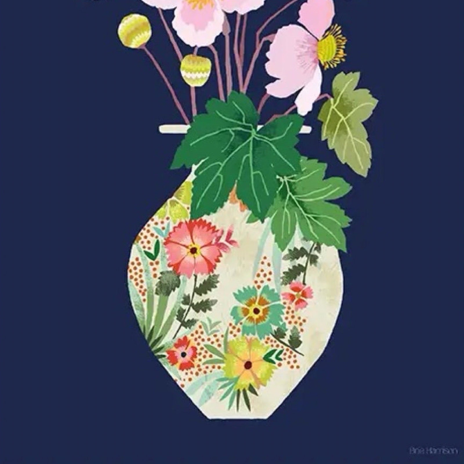 Decorative vase with floral design on a dark blue background.