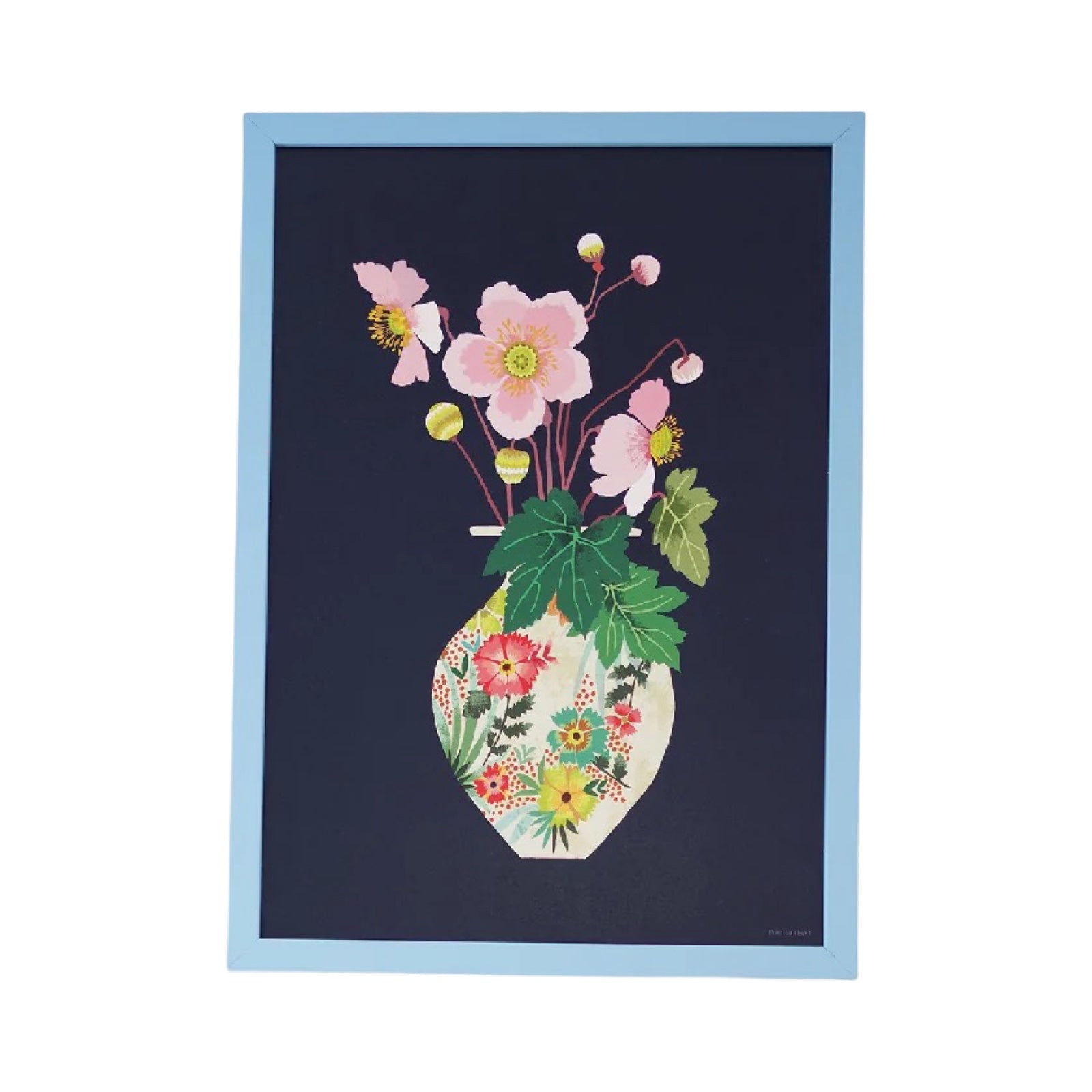 Print of a bunch of pink Japanese anemone flowers in a cream vase, decorated with pink, green and yellow flowers, all on a navy blue background in a pale blue frame.