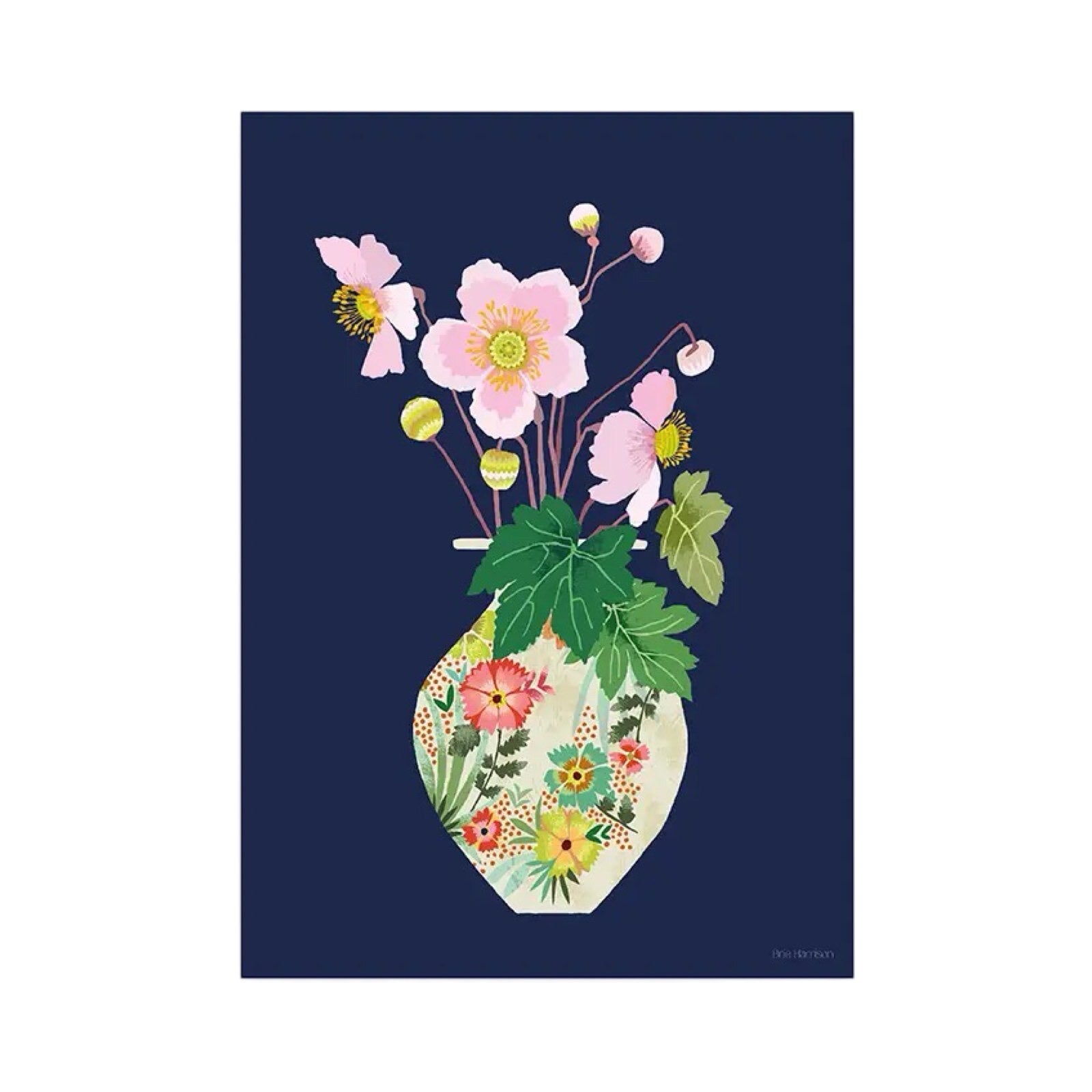 Print of a bunch of pink Japanese anemone flowers in a cream vase, decorated with pink, green and yellow flowers, all on a navy blue background