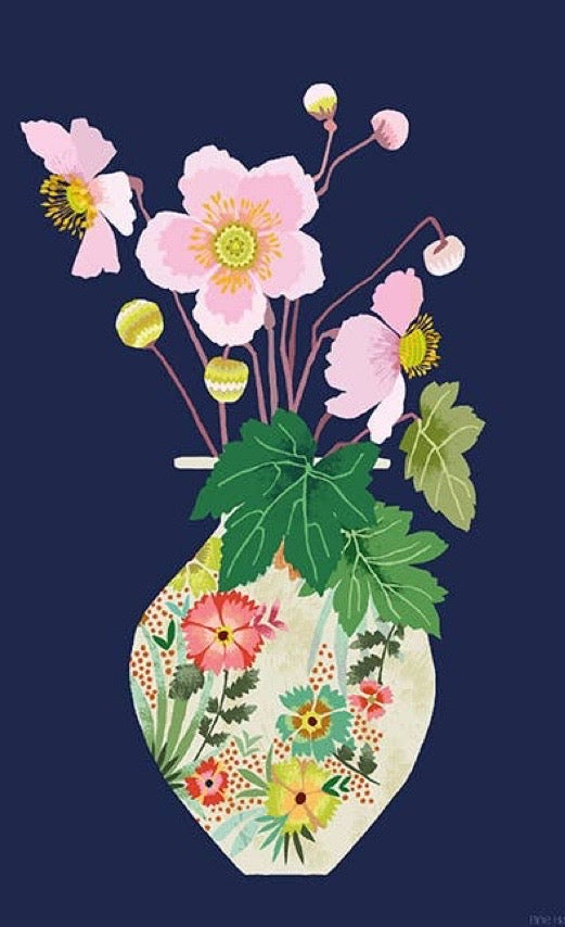 Decorative vase with colorful flowers on a dark blue background.
