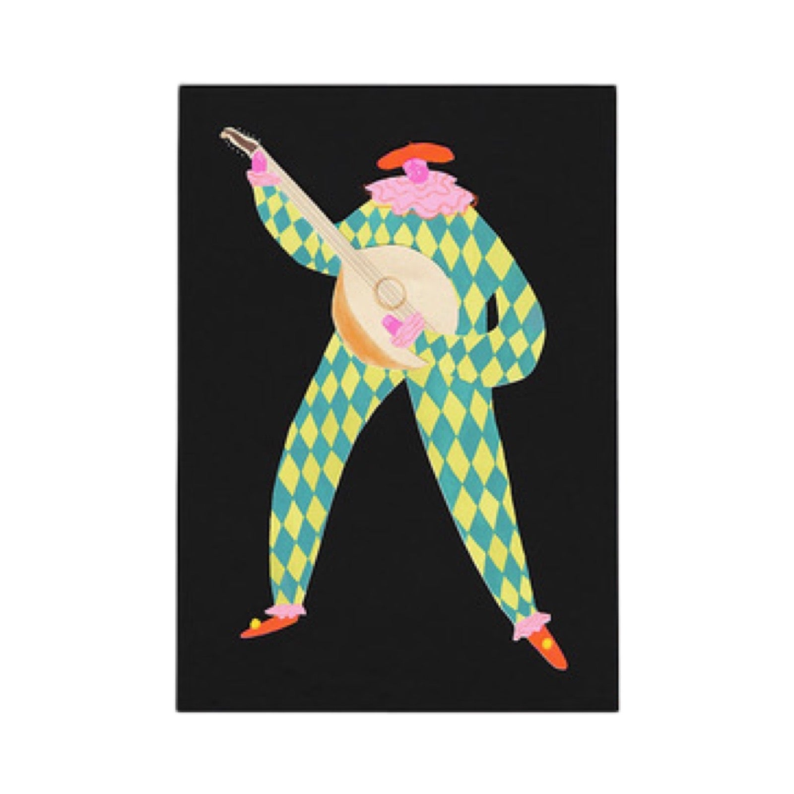 This print features an illustration of the character 'Jaques' wearing a fabulous yellow and green checked all-in-one suit with pink ruffles playing the mandolin.