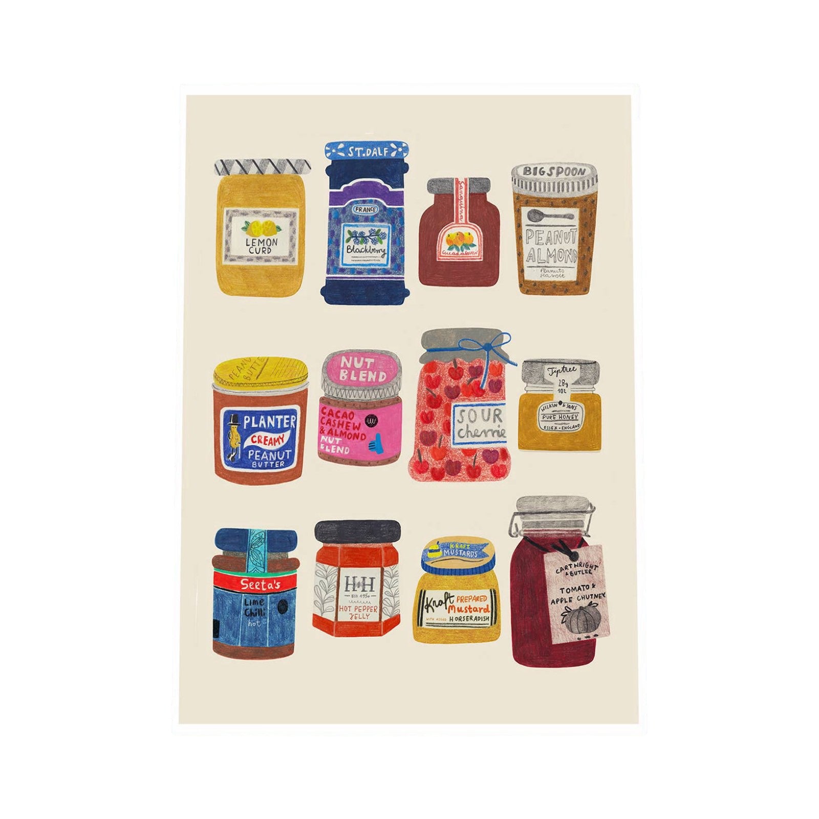 This art print features a collection of colourful jars, of breakfast spreadables.