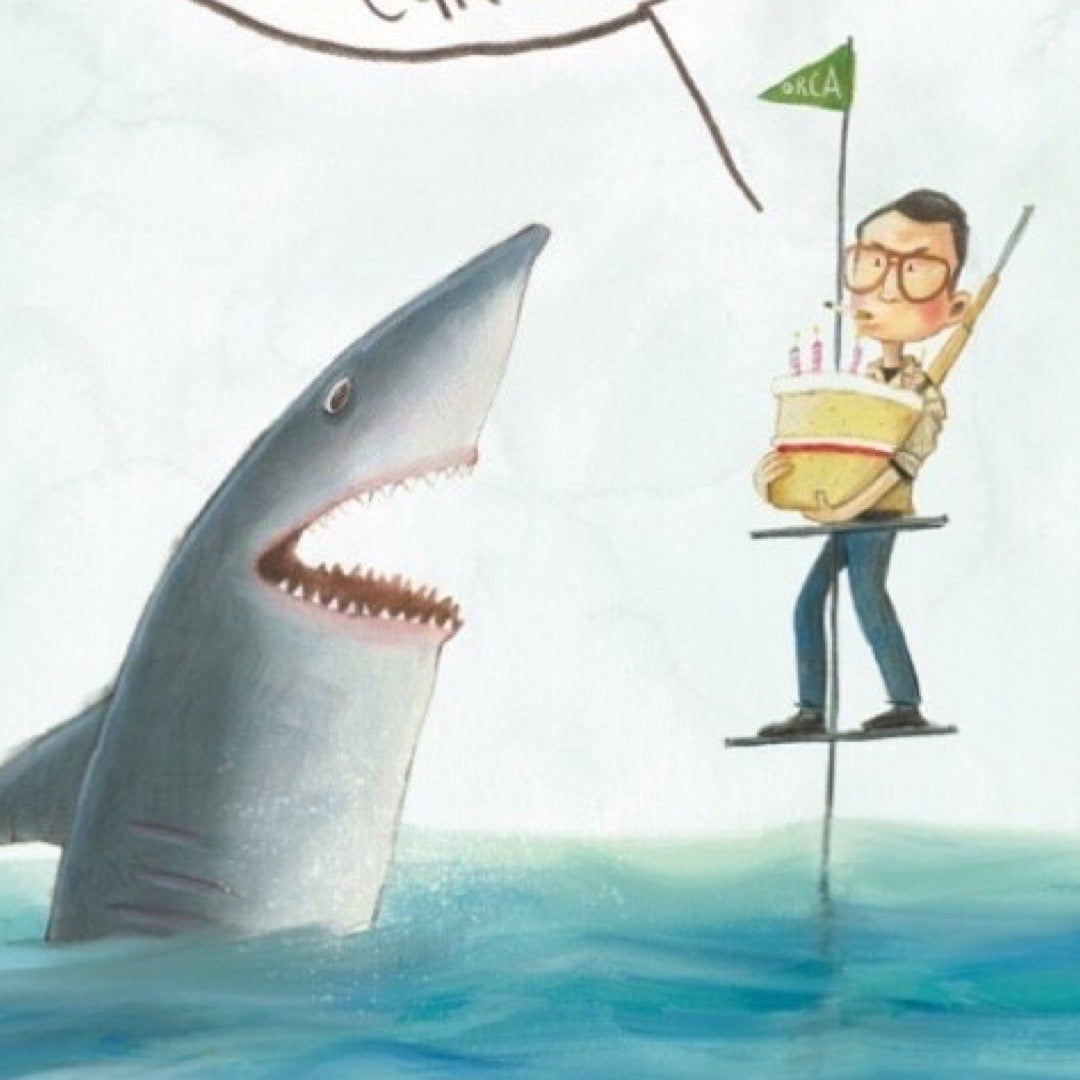 Birthday card with an illustration of Jaws and a man standing on a pontoon holding a small birthday cake.
