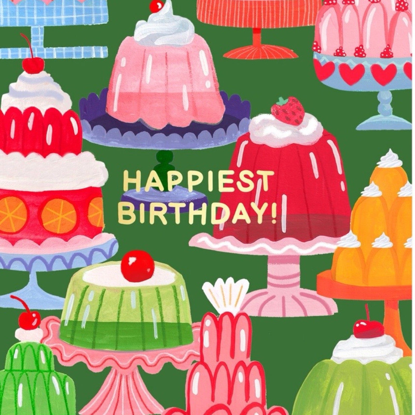 Colourful birthday cake pattern with 'Happiest Birthday!' text on a green background.