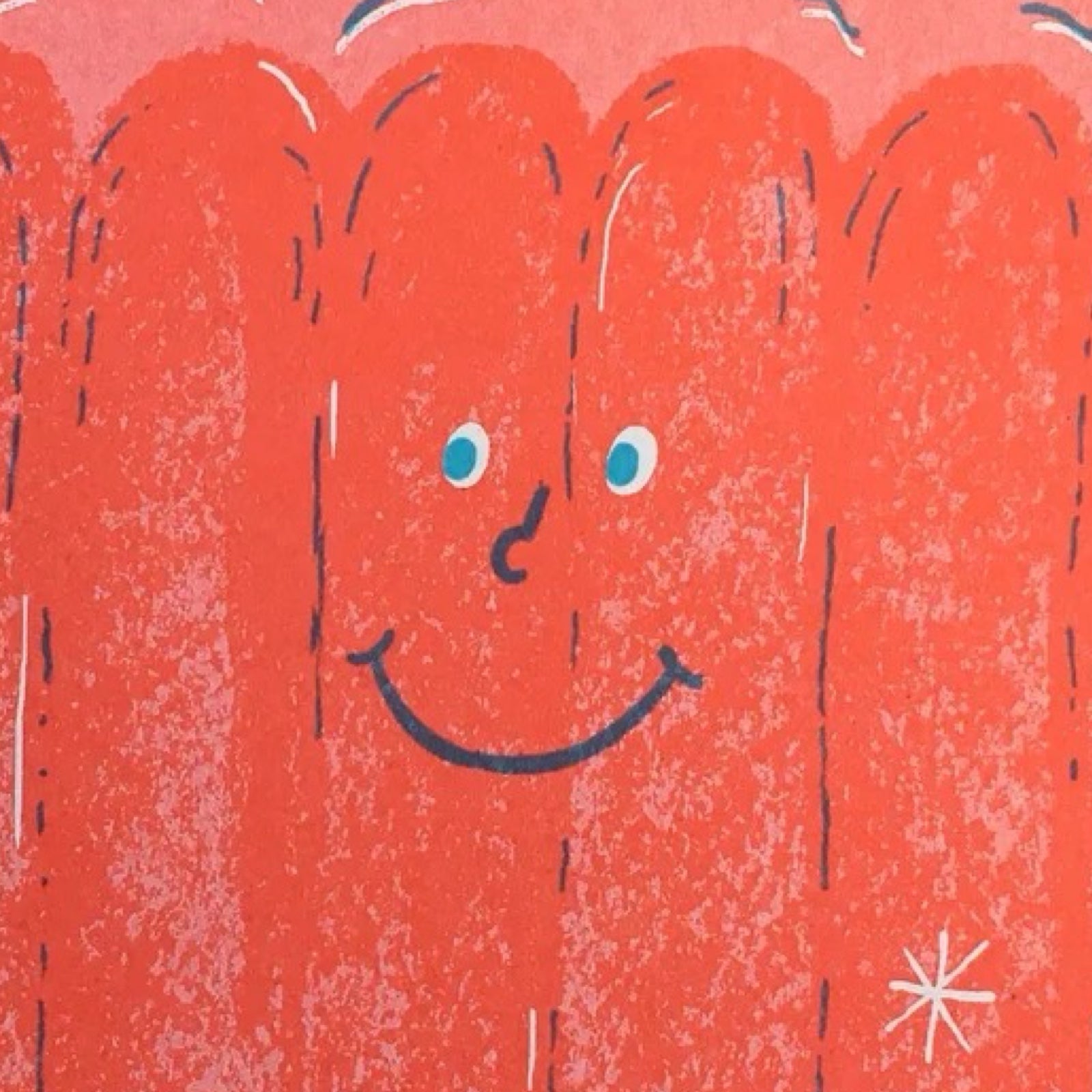 A risograph print of a huge red wobbly jelly with a smily face.