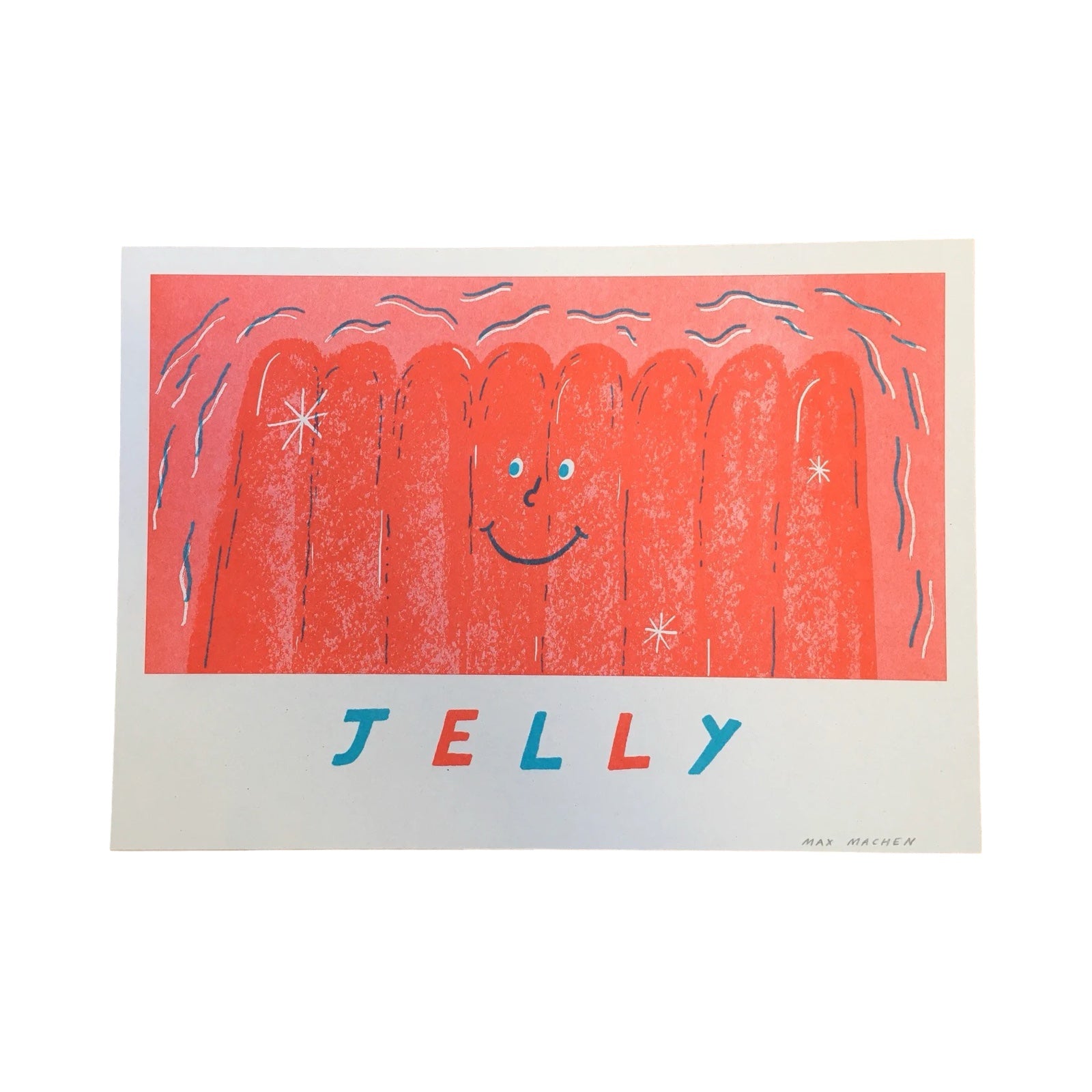A risograph print of a huge red wobbly jelly with a smily face.