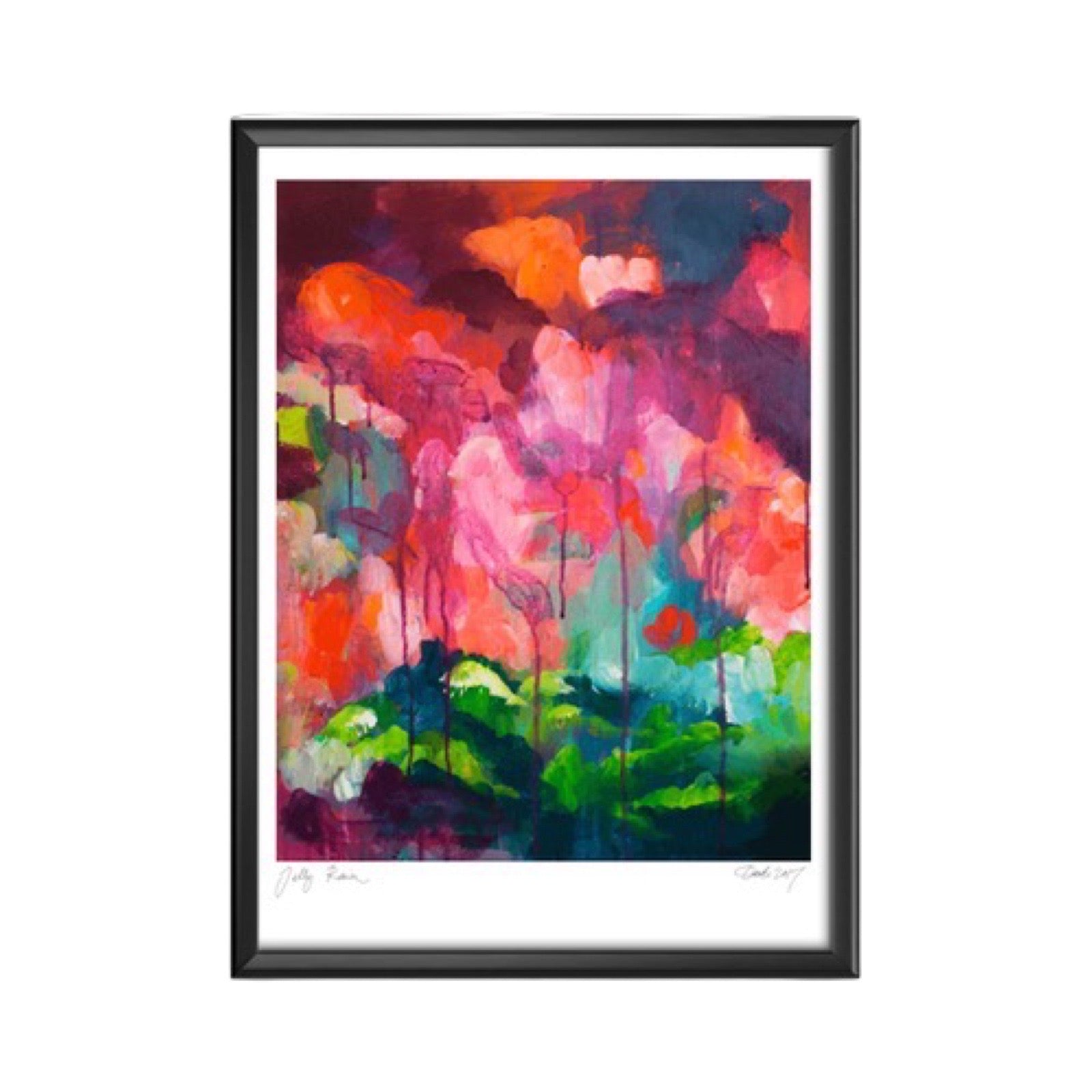 Abstract print featuring purple, pink and red clouds raining onto the greenery below.