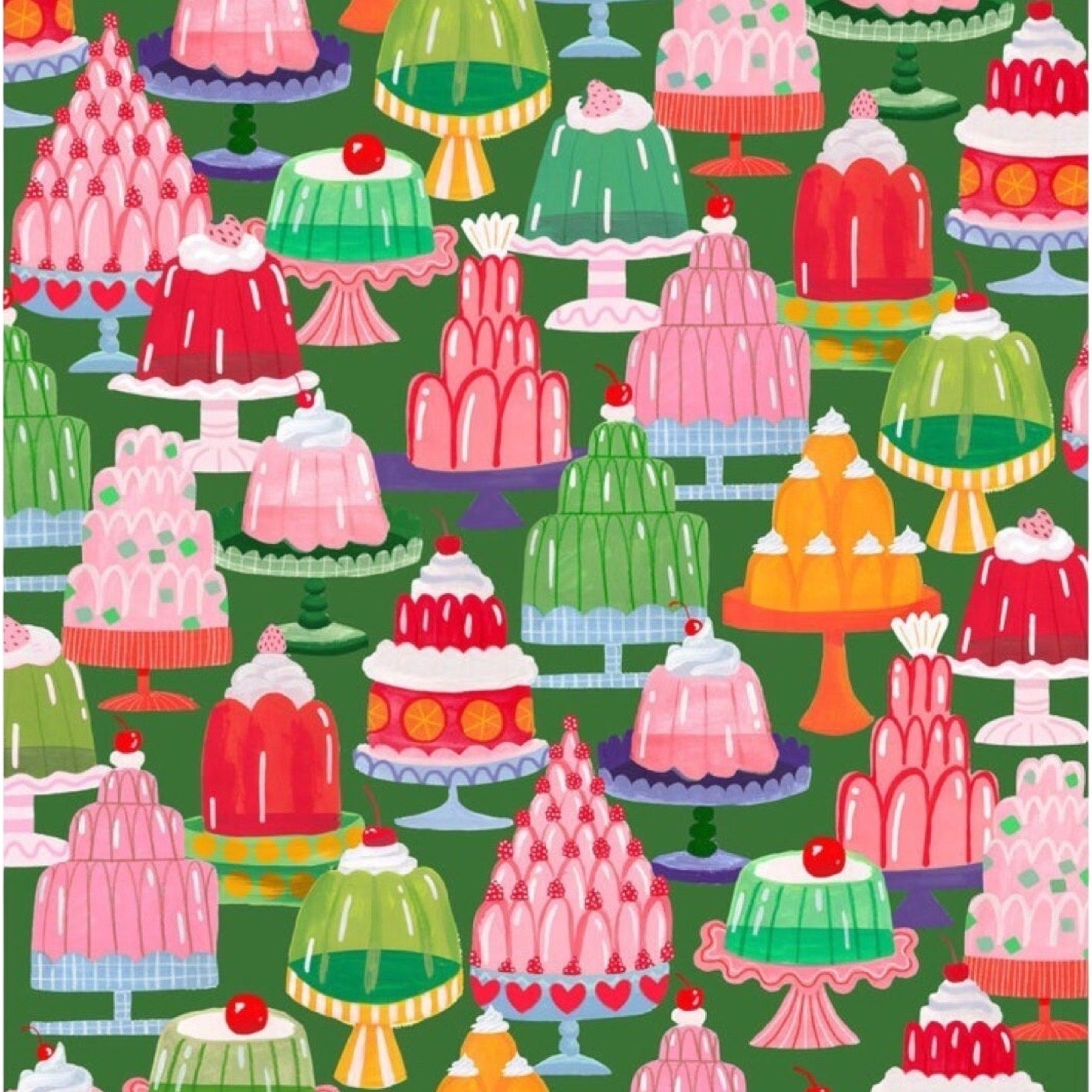 A single sheet of wrapping paper featuring a colourful illustration of lots of wobbly jellies on a green background.