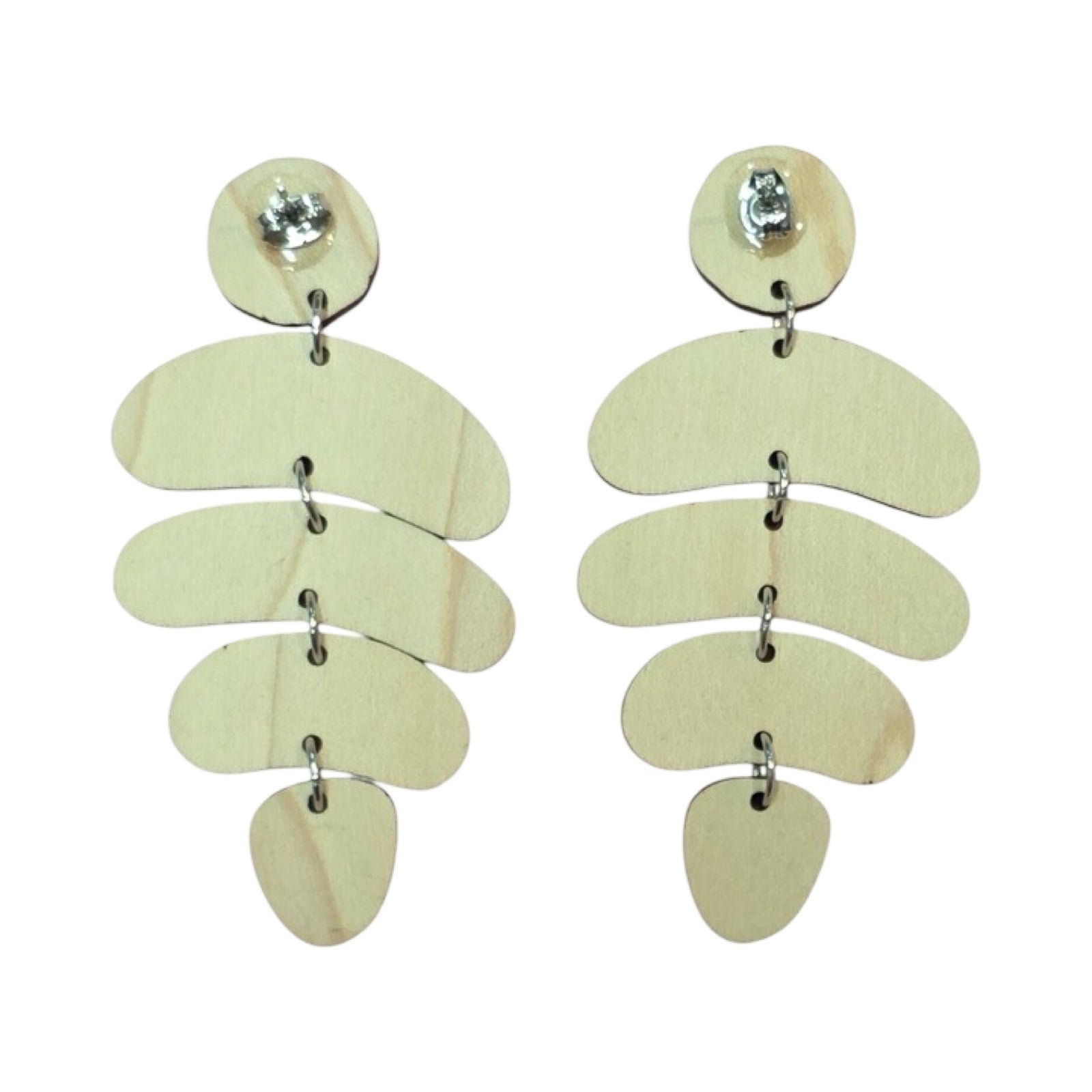 The backs of a pair of jellybean wooden earrings showing silver studs.