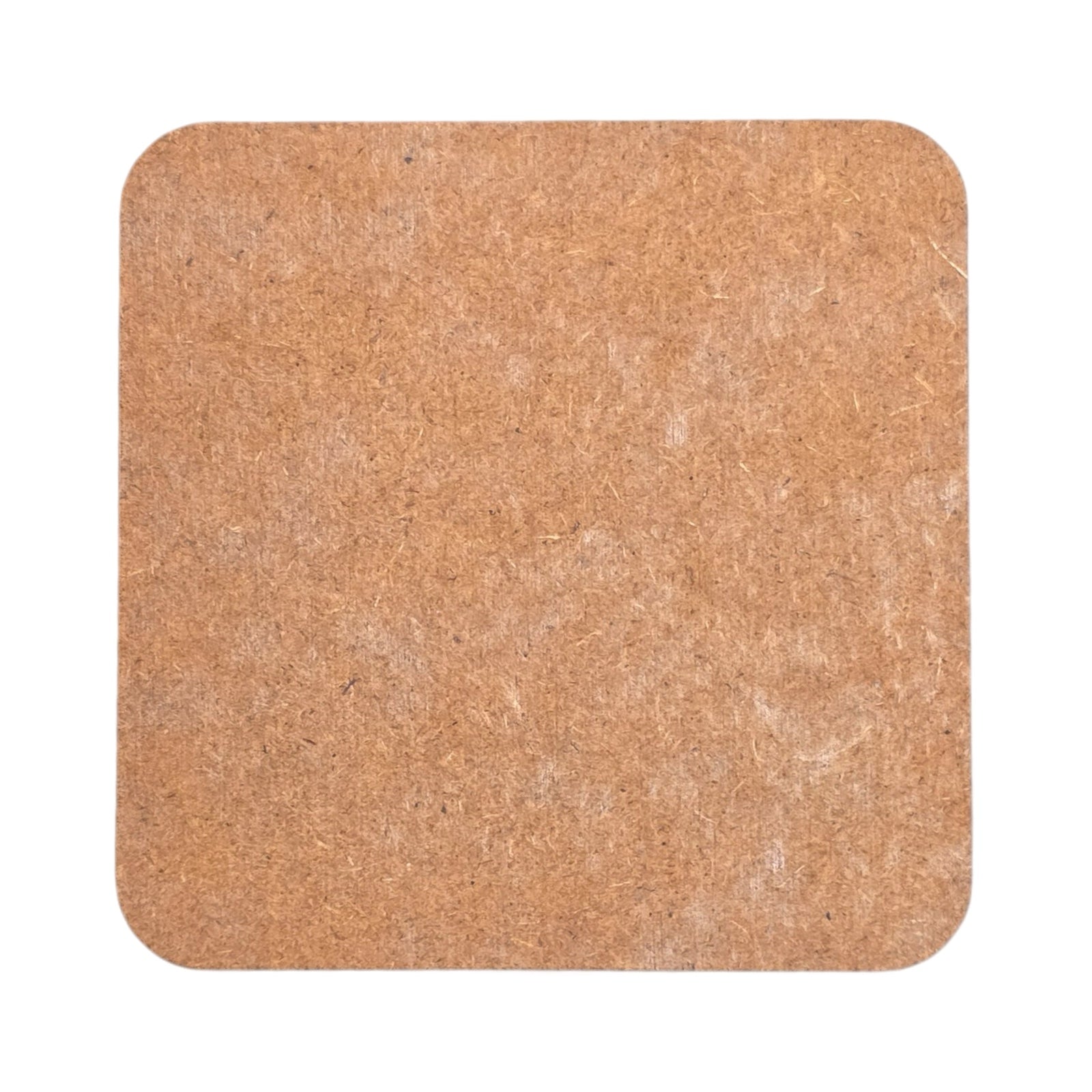 The back of a wooden square coaster with rounded edges.