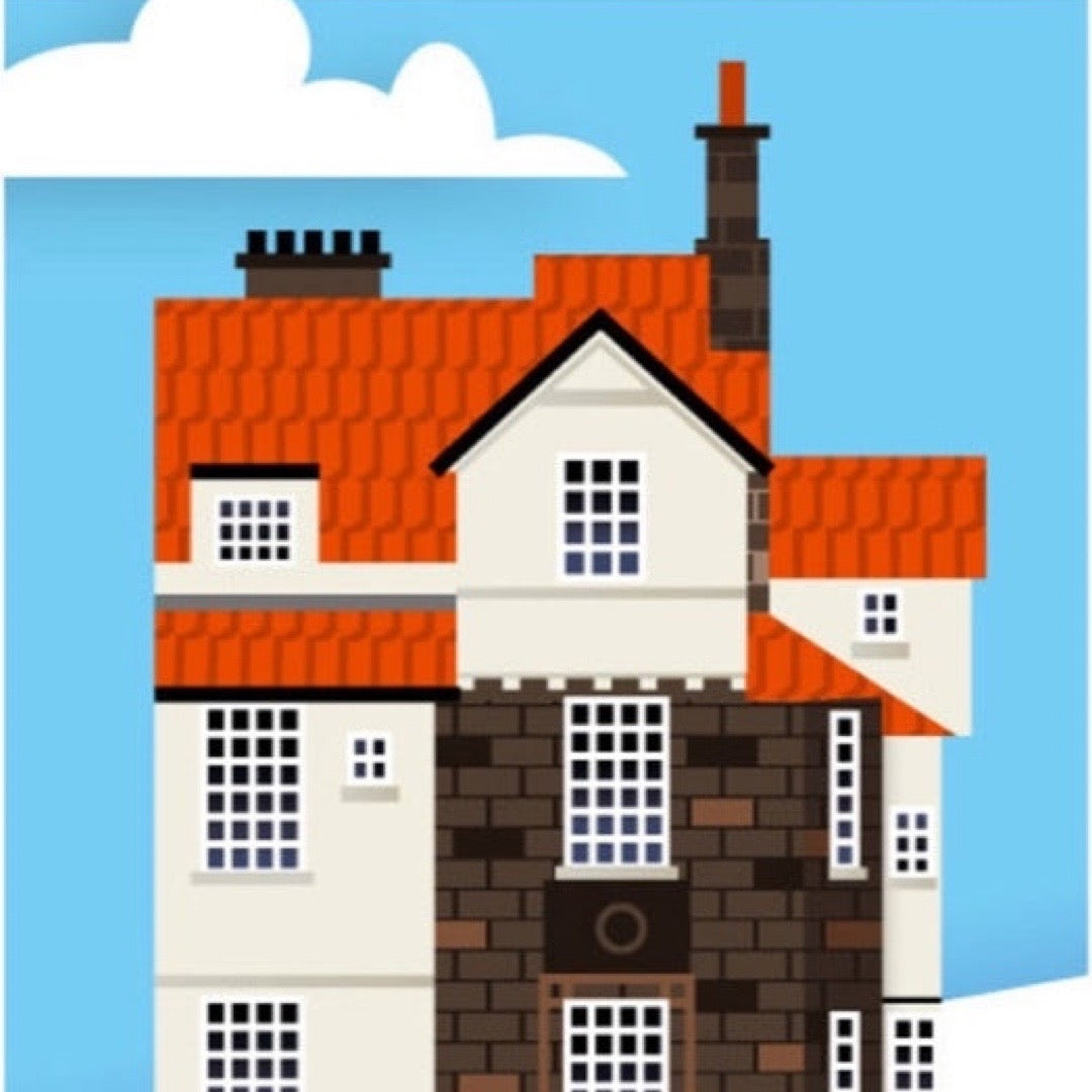 Illustration of a house with a red roof and white walls against a blue sky.