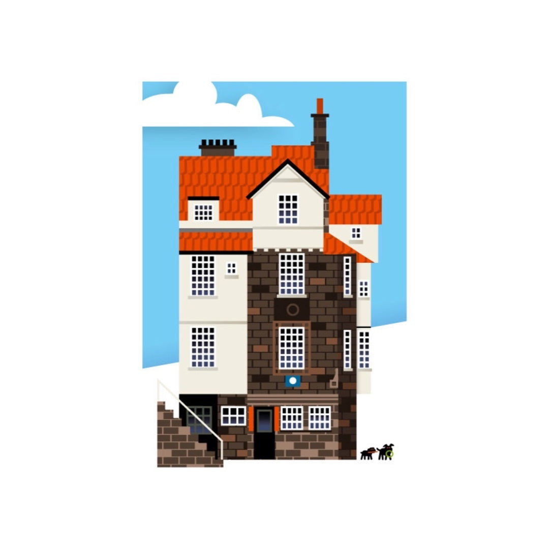 An illustration of John Knox House in Edinburgh, featuring a greyscale depiction with colour accents on the building, a chimney, and a blue sky background.