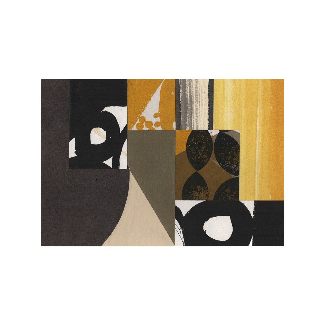 Art print with abstract brown and yellow shapes.