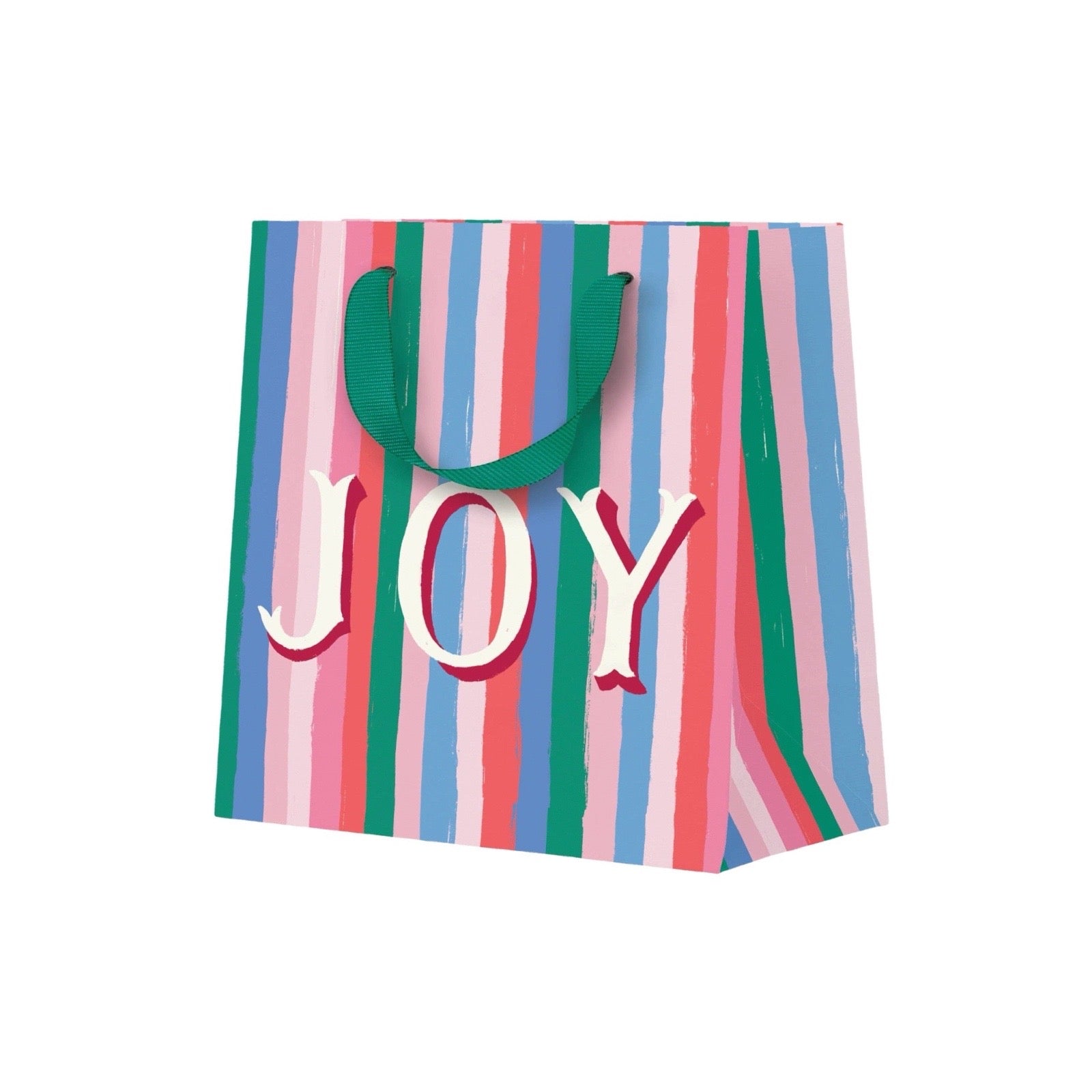 A striped paper gift bag with green handles and the word 'JOY' printed across the front in white letters with red and blue outlines, set against a plain white background.