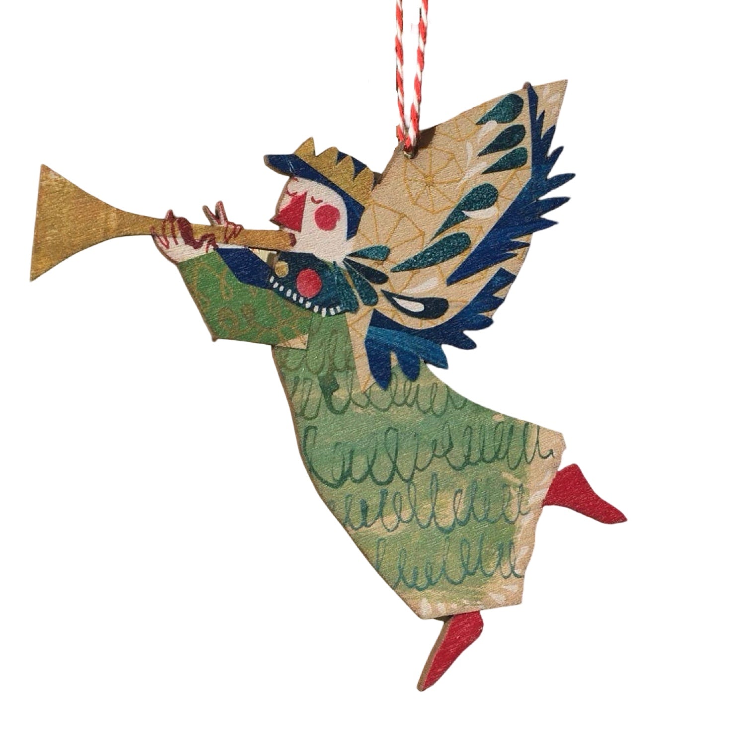 This wooden Christmas decoration features a joyful angel playing a trumpet. Each decoration is made from sustainably sourced ply and strung with festive red thread.