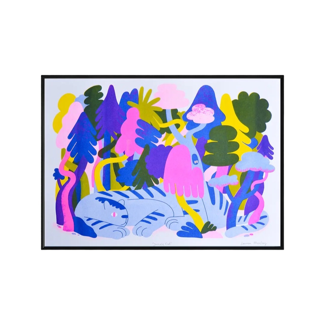 Print of a giant blue-striped jungle cat sleeping beneath a psychedelic forest.