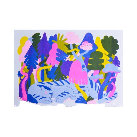 Print of a giant blue-striped jungle cat sleeping beneath a psychedelic forest.