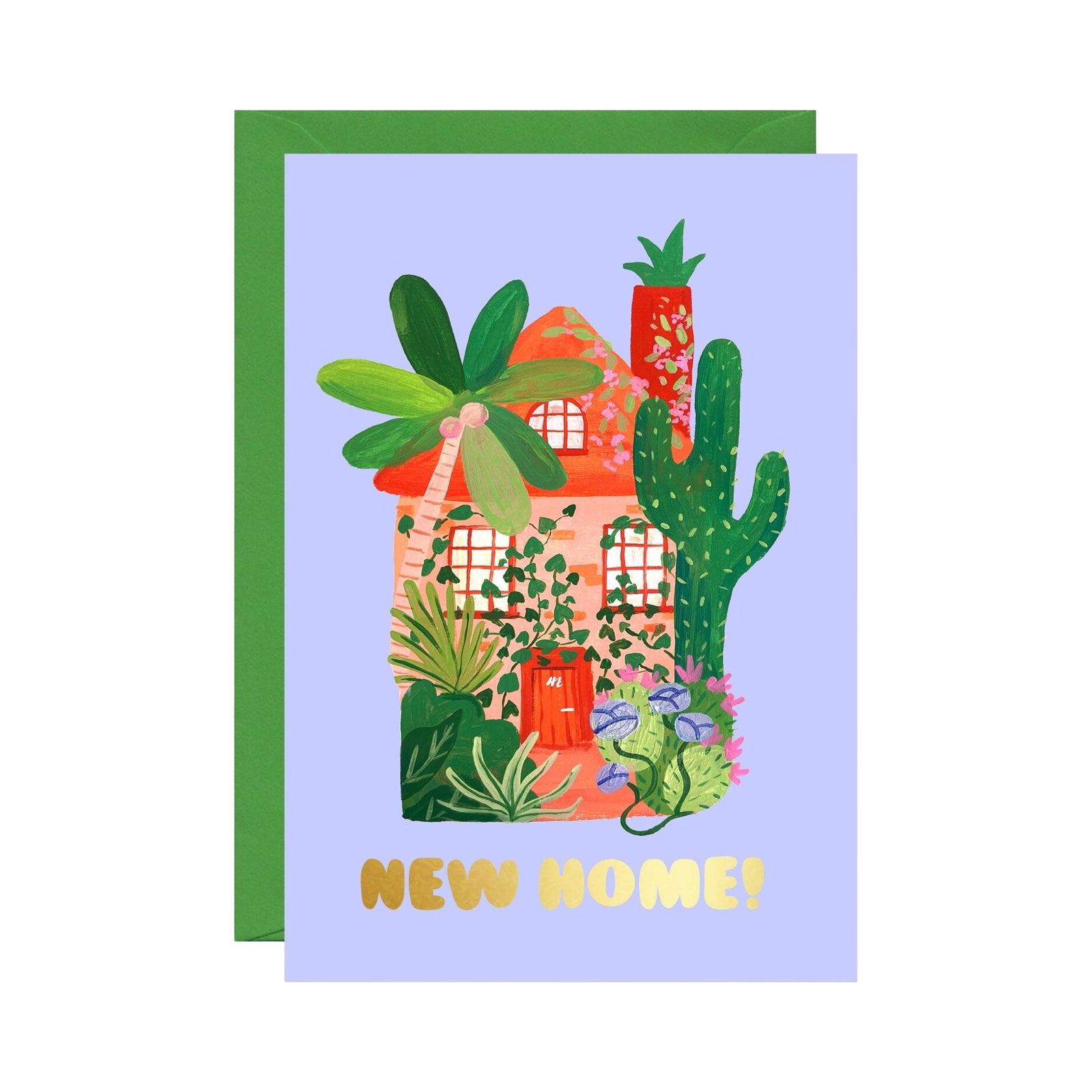 A new home card that features an illustration of a two-storey brick house surrounded by jungle plants and the text 'New Home' in gold foil all against a lilac background.