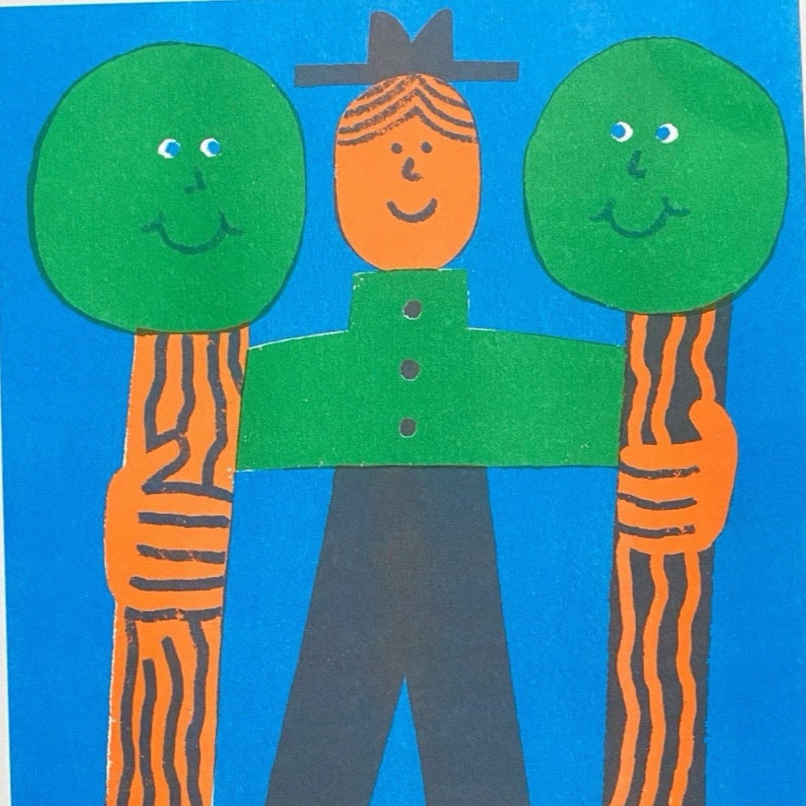 Risograph print of a man in a green and navy outfit with his arms around 2 branches, all against a blue background and the text 'Just the Three of Us'.