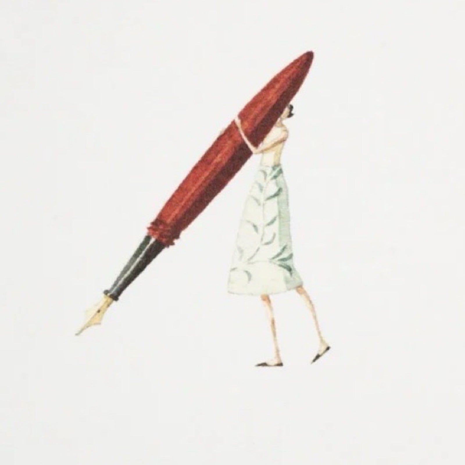 Illustration of a woman holding a large red pen on a white background.