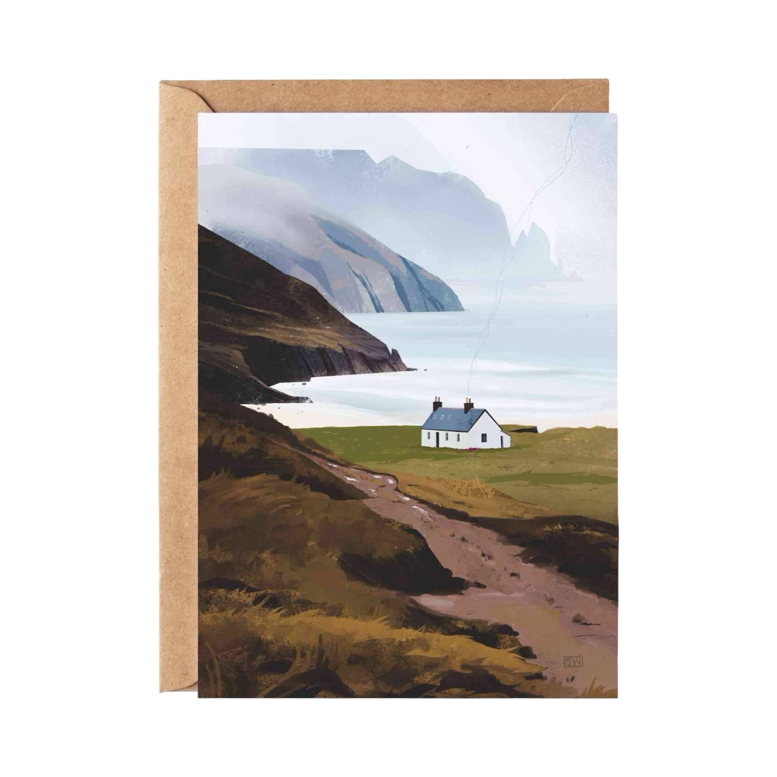 Card featuring the beautiful view of 'Kearvaig Bothy' in the Scottish Highlands.