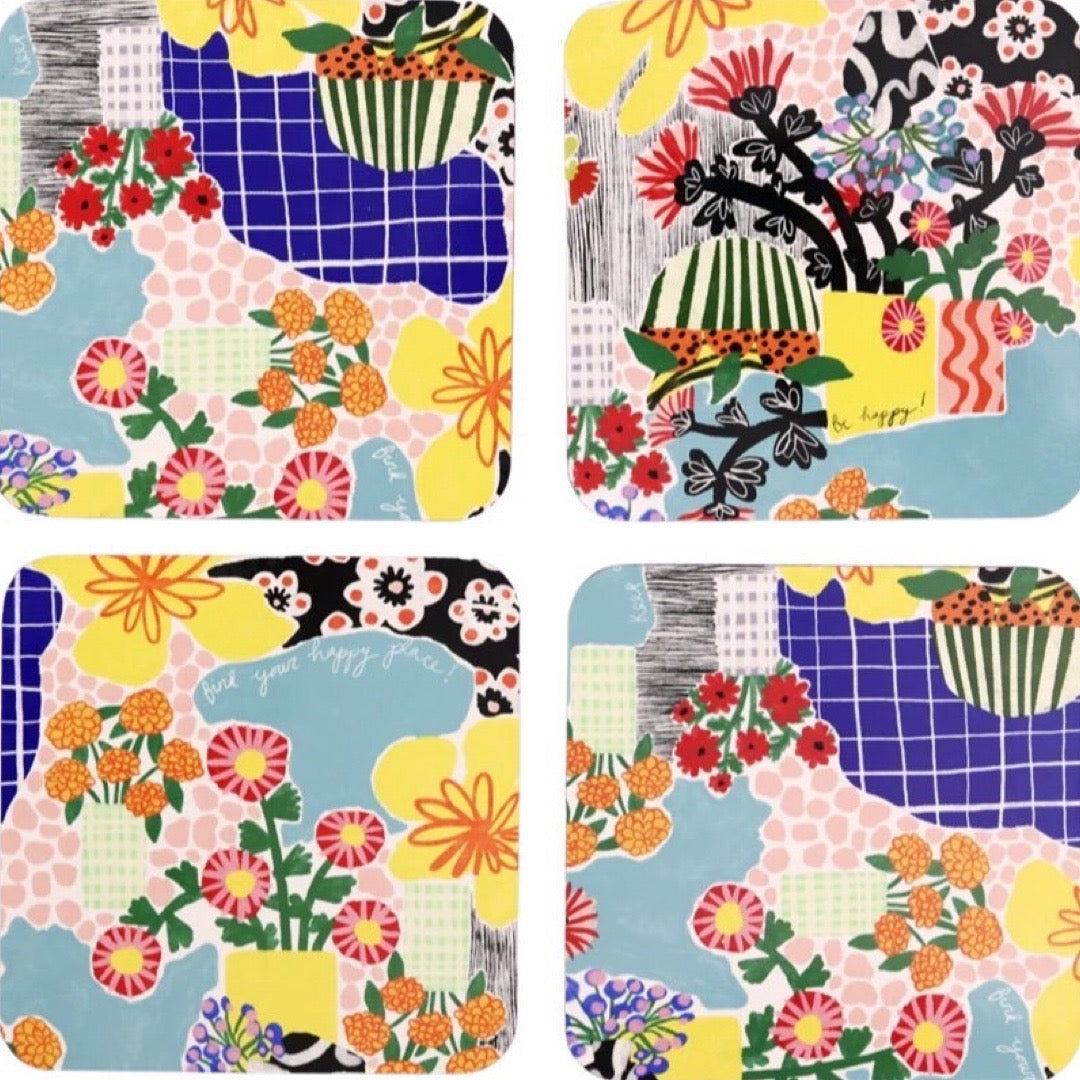 Set of 4 coasters featuring colourful vases of flowers against an abstract patterned background.
