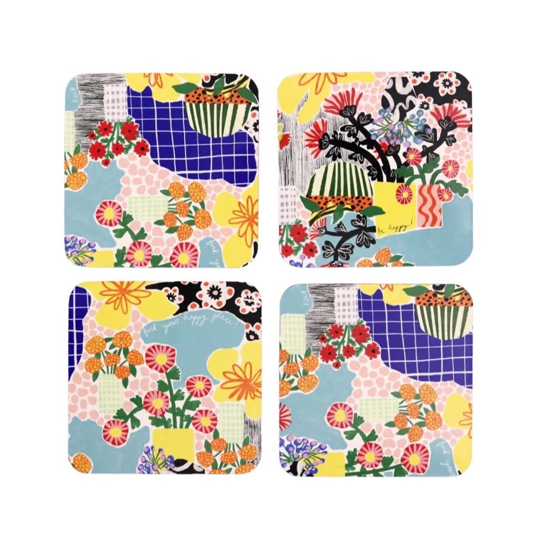 Set of 4 coasters featuring colourful vases of flowers against an abstract patterned background.