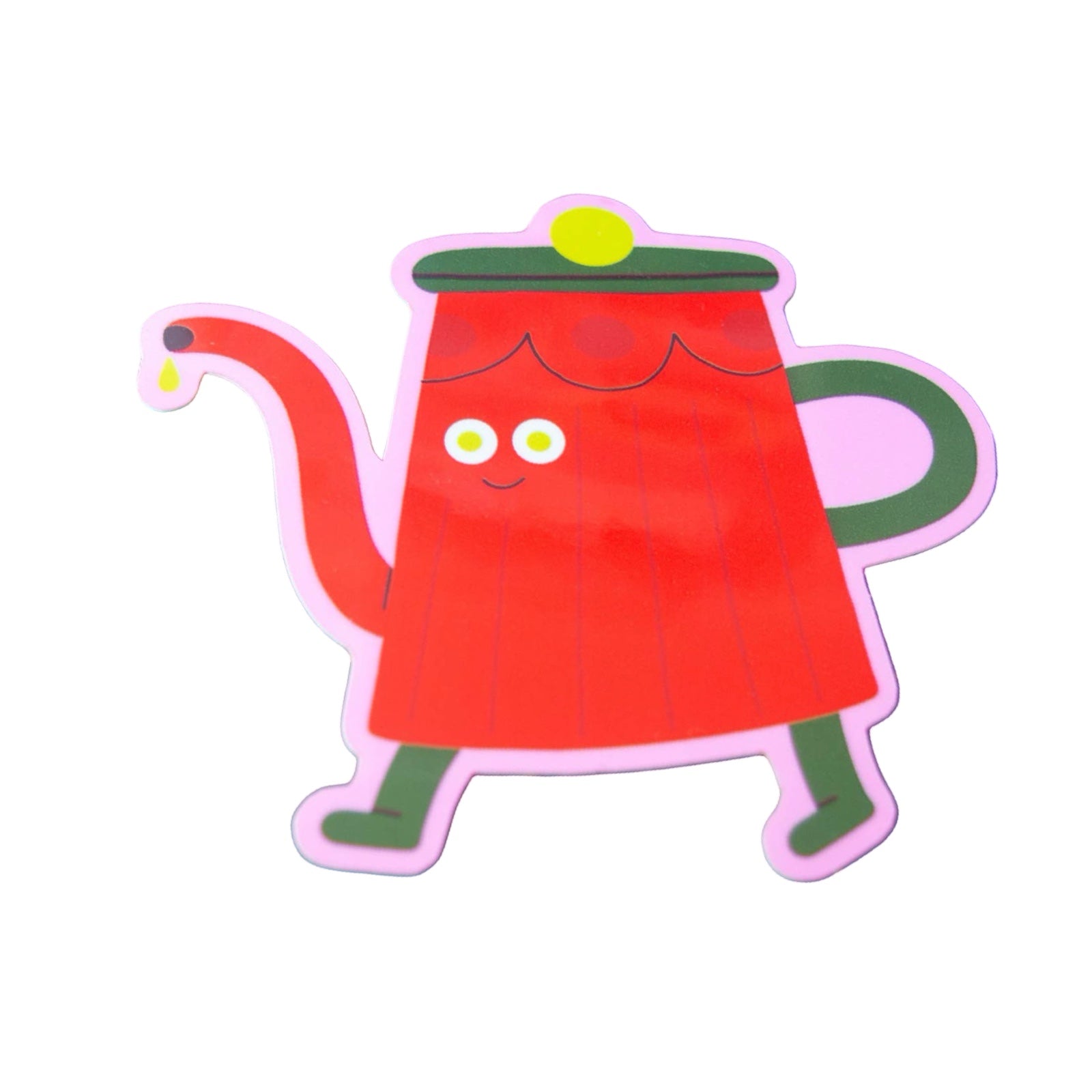 Colourful cartoon teapot sticker with a happy face on a white background.