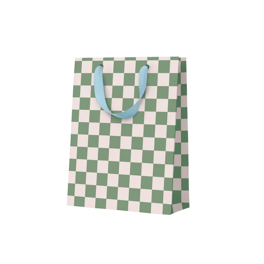 Checkered paper bag with green and white pattern and blue handles on a white background.