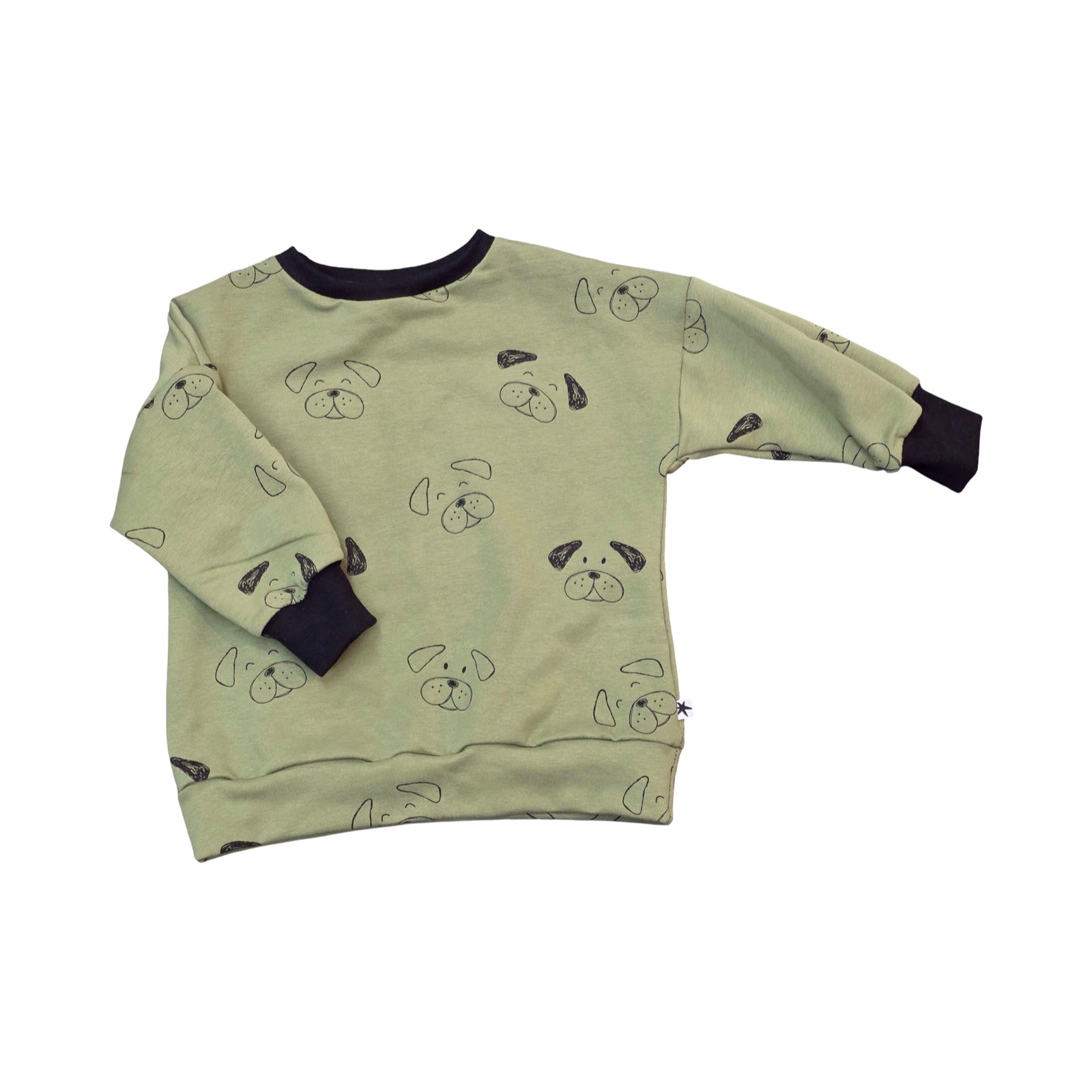 Light green sweatshirt with black dog patterns on a white background.