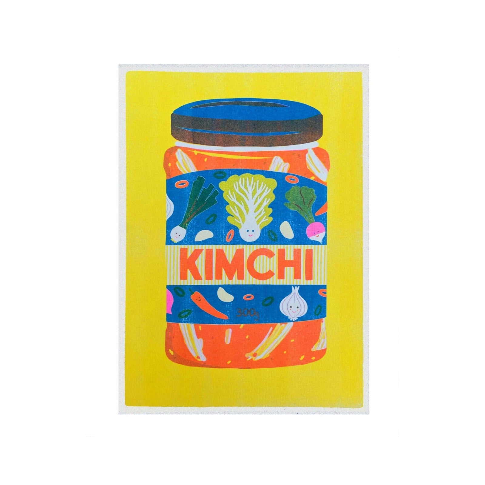 This colourful risograph print features a jar of kimchi against a yellow background.