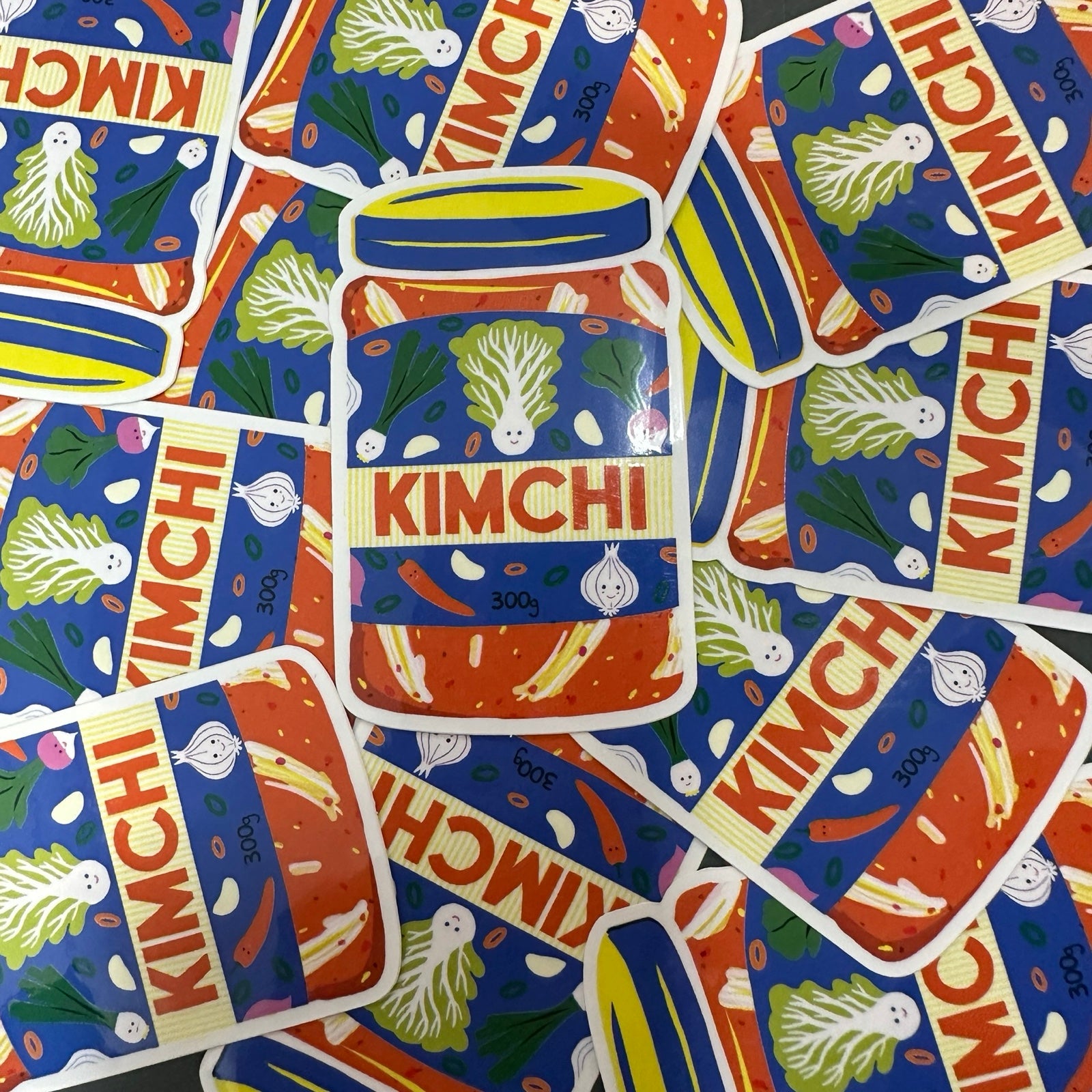 Colourful kimchi-themed stickers with a jar of kimchi design.