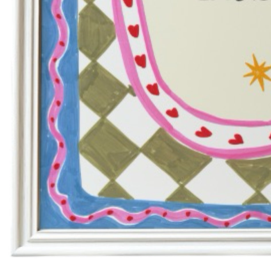 Framed artwork with geometric patterns and heart shapes on a white background.