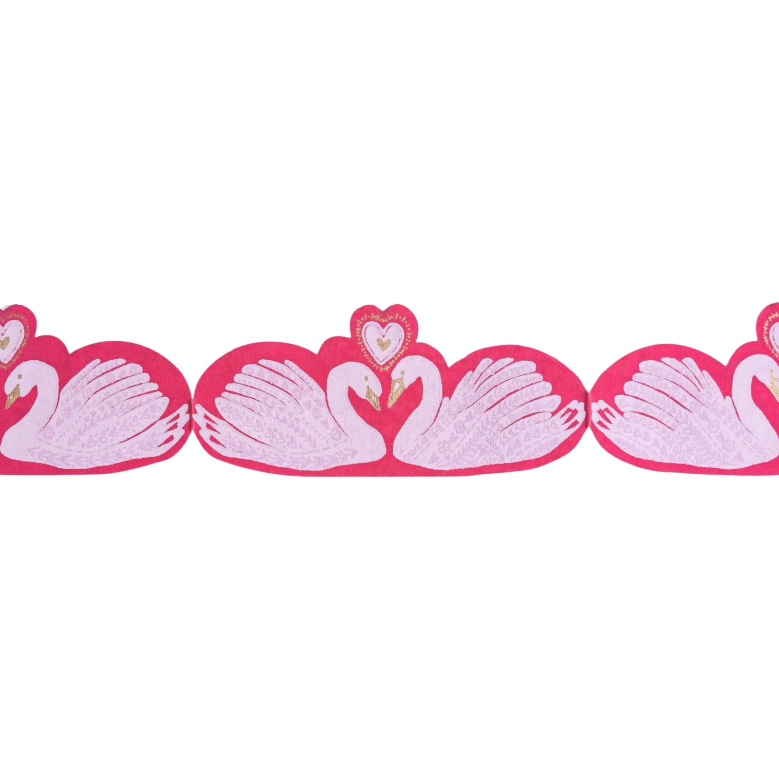 A red card in the shape of two kissing swans laid flat.