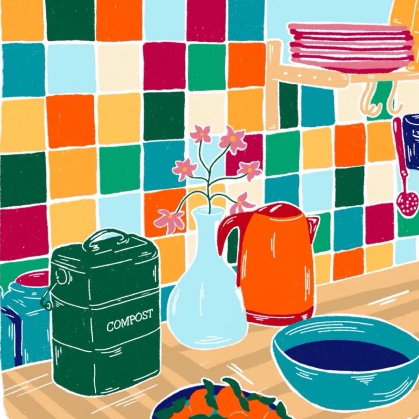 This beautiful, colourful print features a still life illustration of a kitchen counter with a multicoloured tiled wall. 