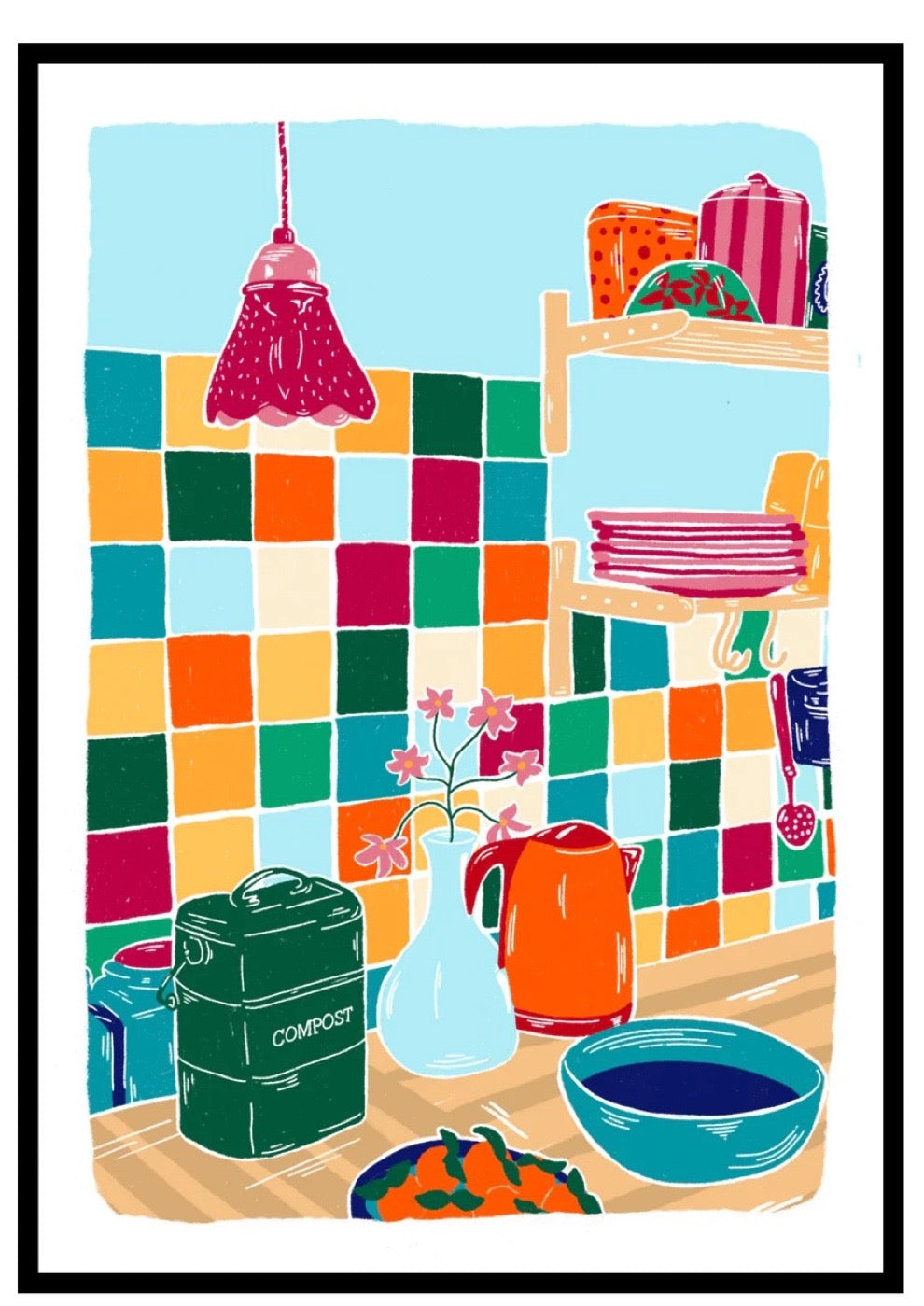 Colorful illustration of a kitchen with tiled walls and various kitchen items.