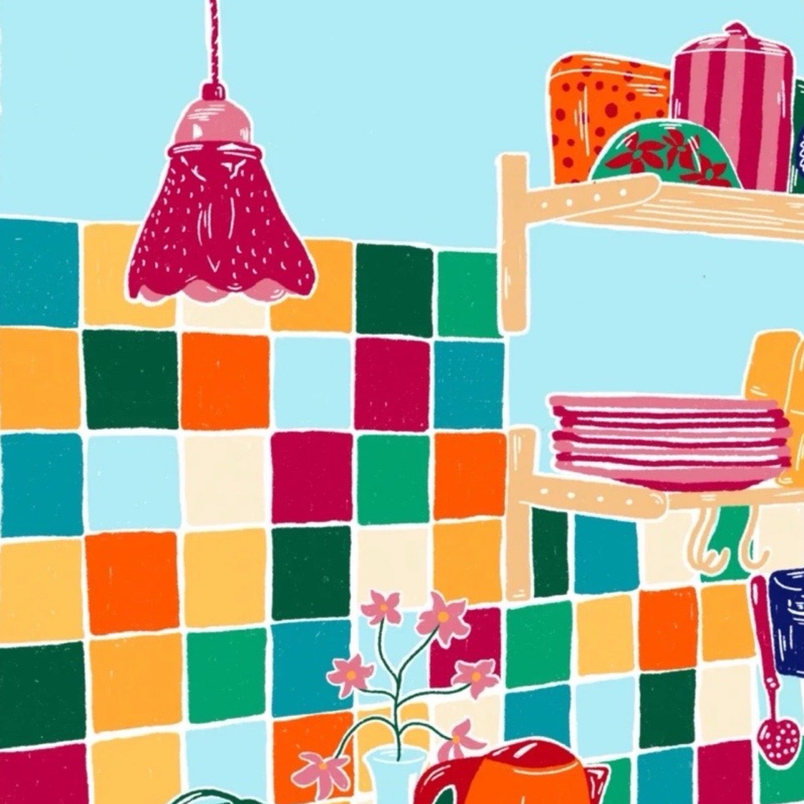 This beautiful, colourful print features a still life illustration of a kitchen counter with a multicoloured tiled wall. 