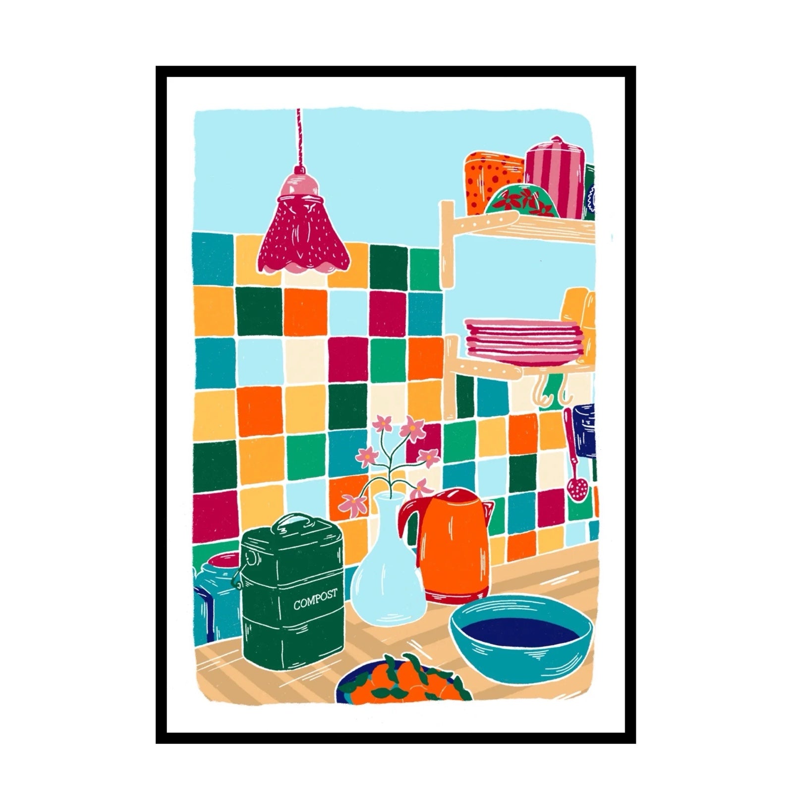 This beautiful, colourful print features a still life illustration of a kitchen counter with a multicoloured tiled wall. 