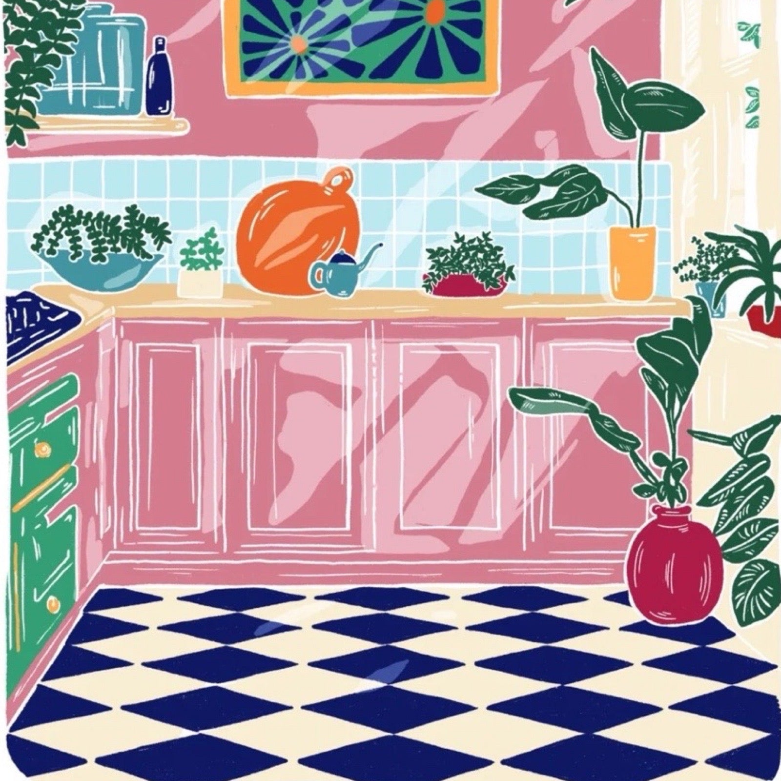 This beautiful, bright and colourful print features a still life illustration of the interior of a kitchen.