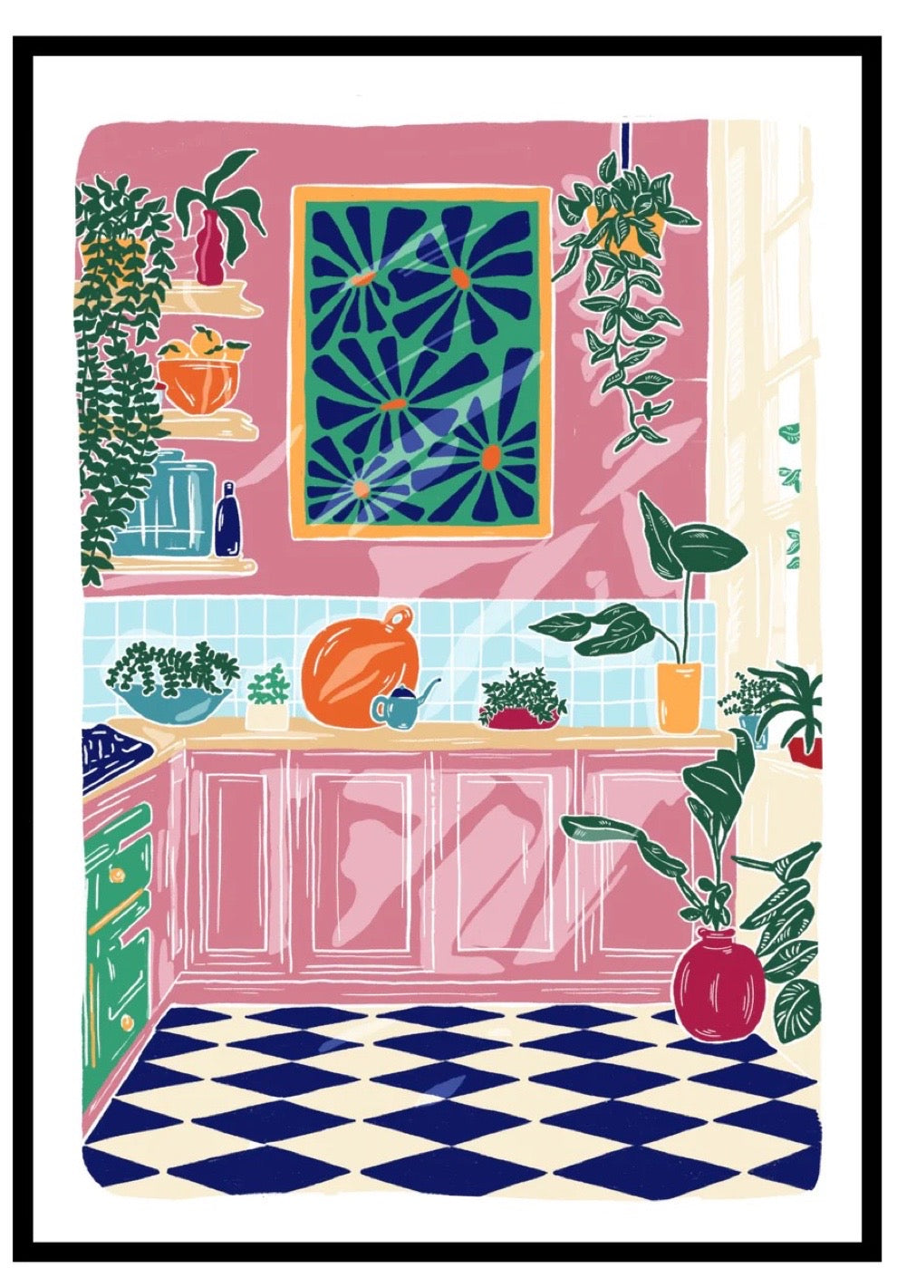 Illustration of a kitchen with pink cabinets, plants, and a blue and white checkered floor.