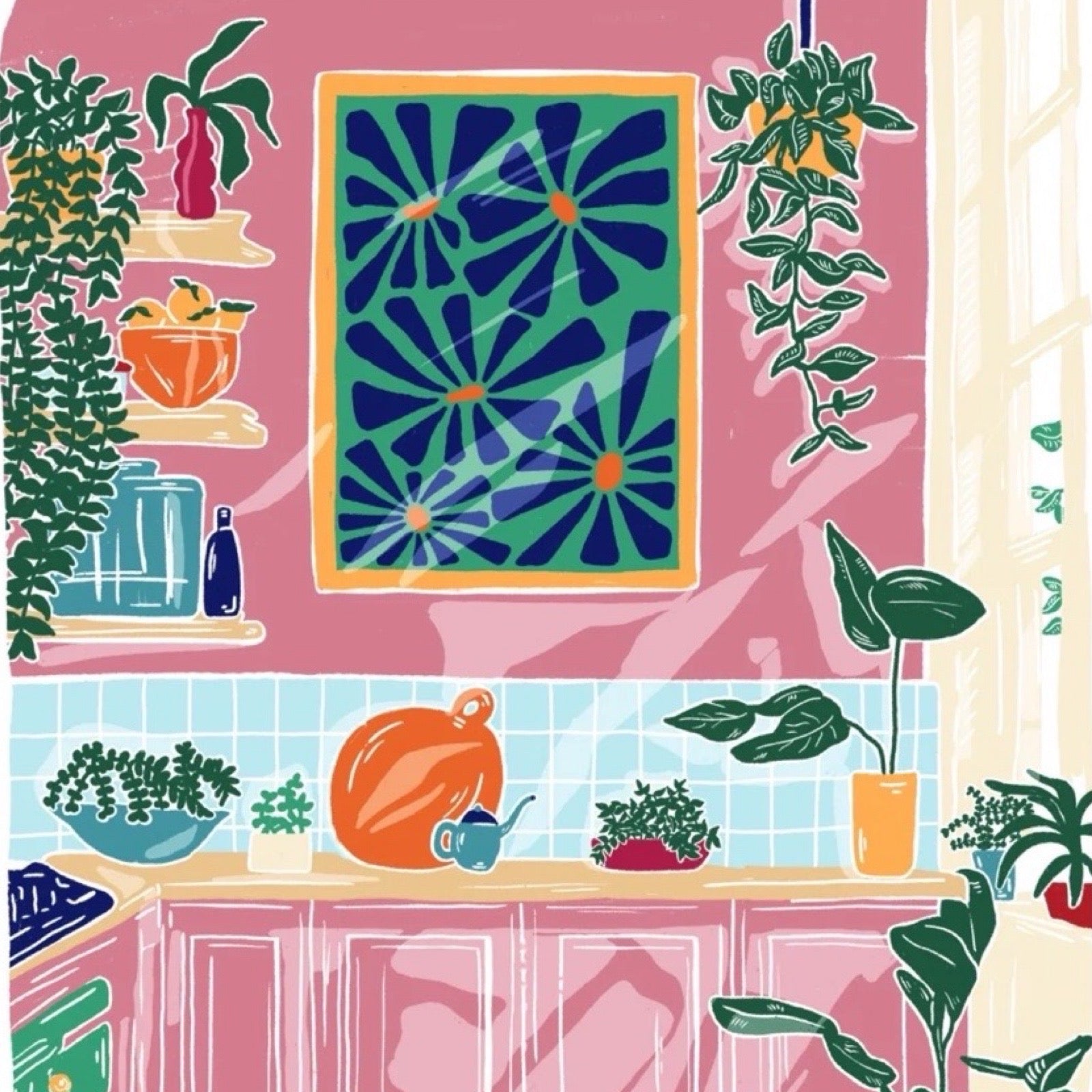 This beautiful, bright and colourful print features a still life illustration of the interior of a kitchen.