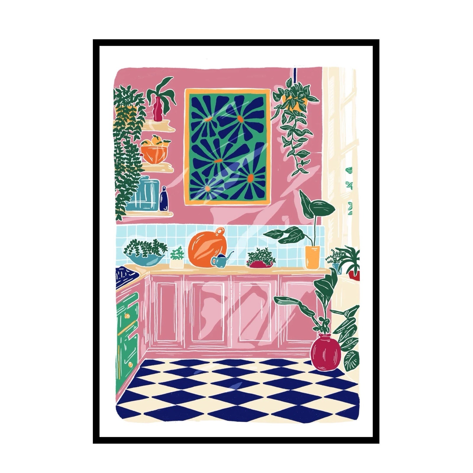 This beautiful, bright and colourful print features a still life illustration of the interior of a kitchen.