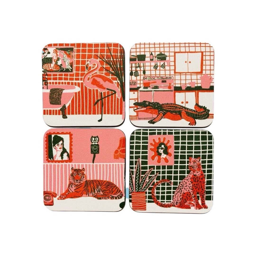 Set of 4 retro-style coasters featuring a crocodile, a flamingo, a tiger and a leopard in home settings.