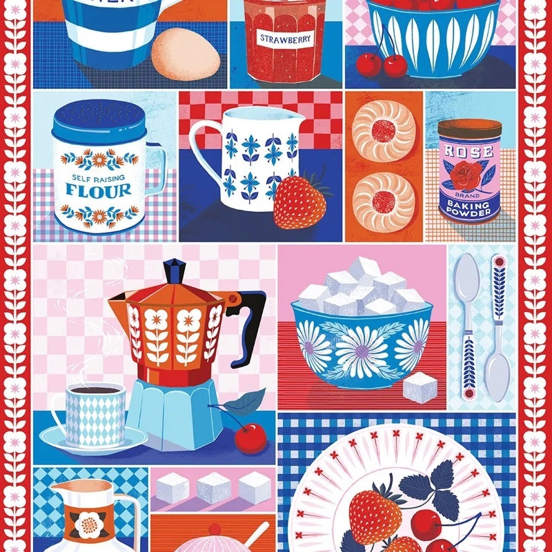 Wrapping paper sheet with a colourful kitsch kitchen design featuring retro coffee pots, sugar bowls, cutlery, biscuits and more in red, blue and white shades.