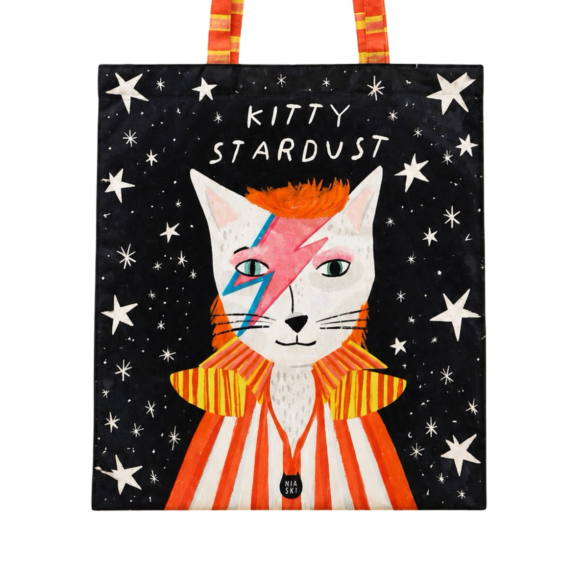 A black canvas tote bag featuring a colourful illustration of a cat styled like David Bowie with a pink and blue lightning bolt on its face, white stars on a black background, and striped handles.