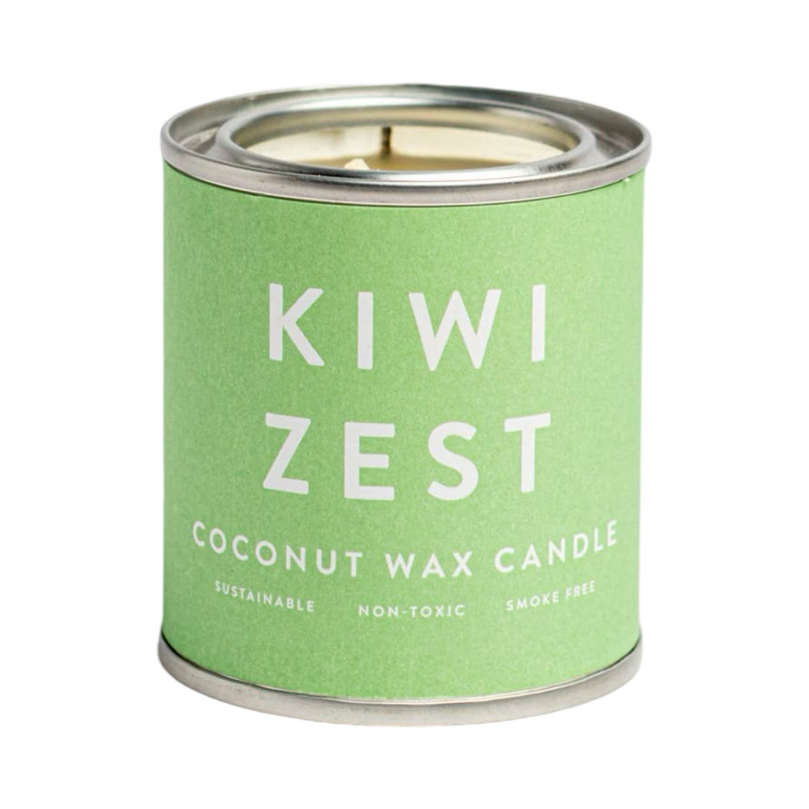 a kiwi zest coconut wax candle in a small paint tin with a green label