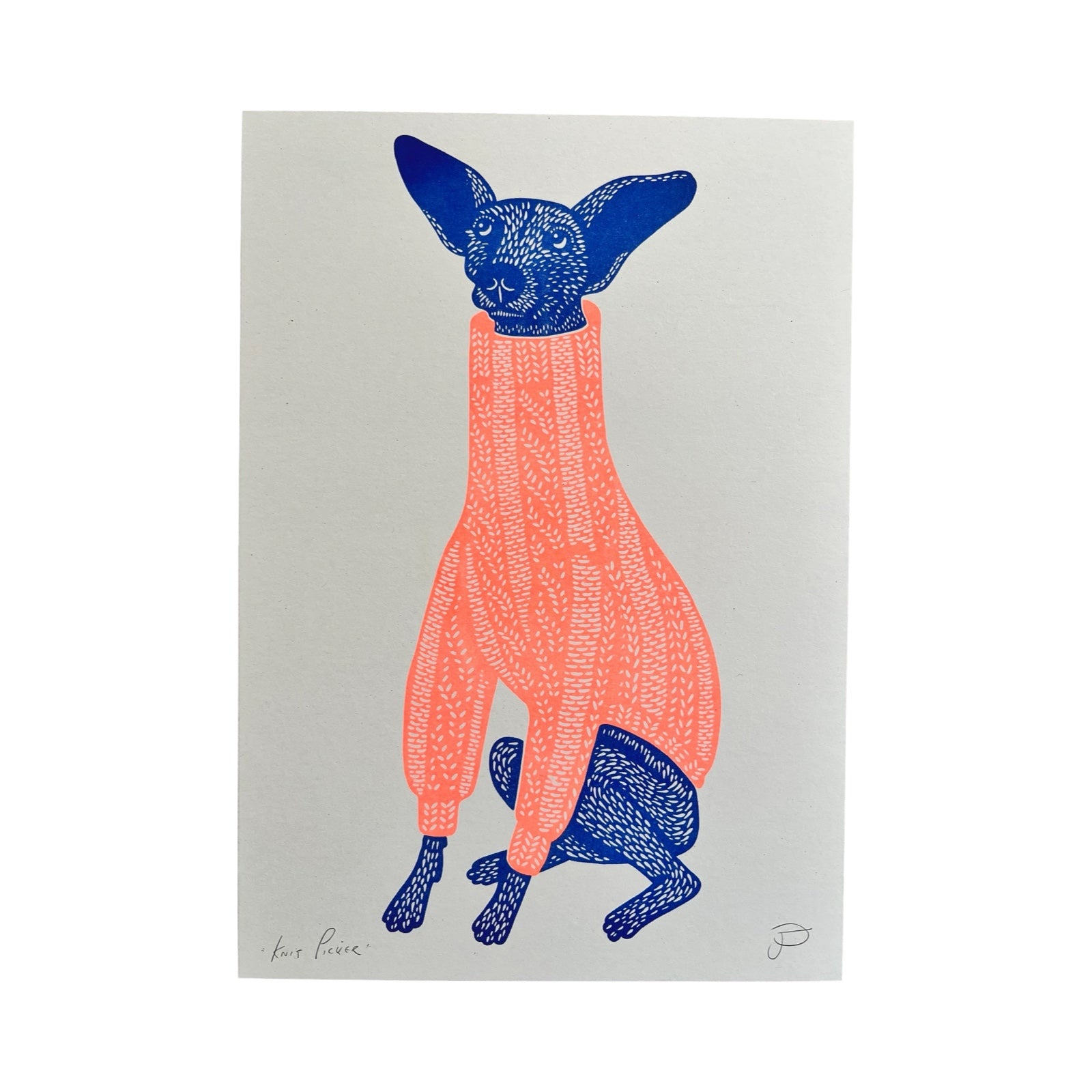 A print of a blue dog wearing an orange polo neck jumper.