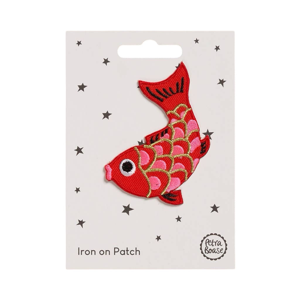 An embroidered koi fish fabric patch in red and pink with gold detail