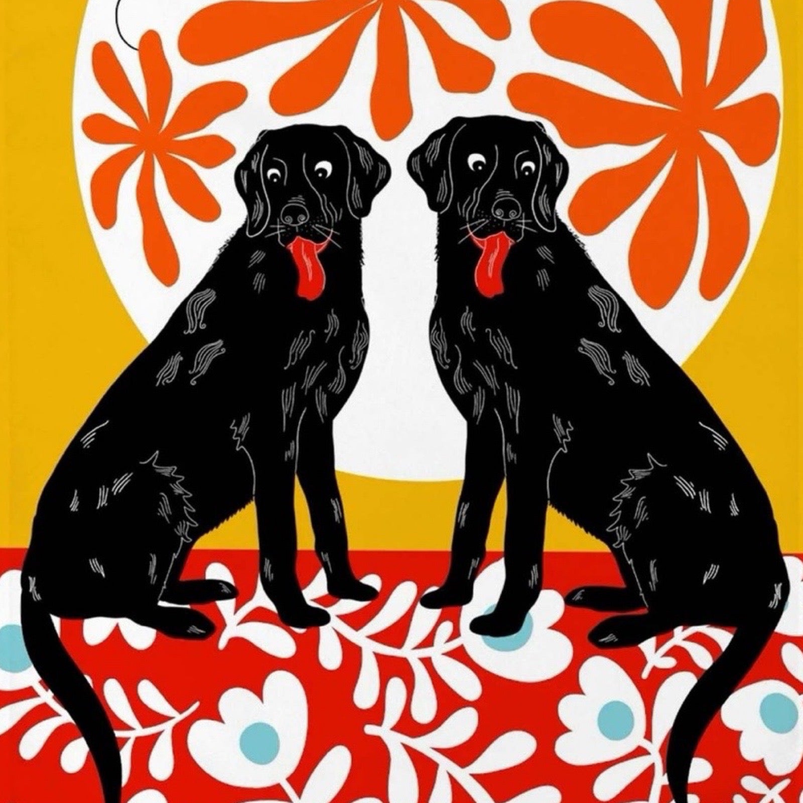 Labrador print featuring two black labs sitting on a red floral rug against a mustard background with a white patterned sun.